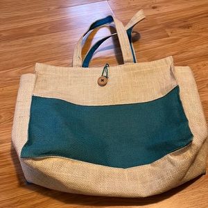 Tote bag in cream and blue with button close, cotton woven